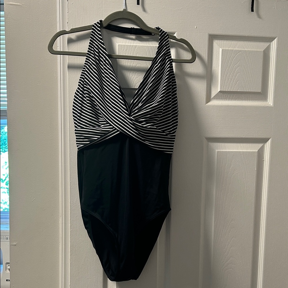 Figleaves Black and White Striped Swimsuit bra cup 36G